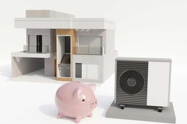 Habitation avec un chauffage et une tirelire pour illustrer l'économie que vous réalisez en optant pour le réseau de chaleur